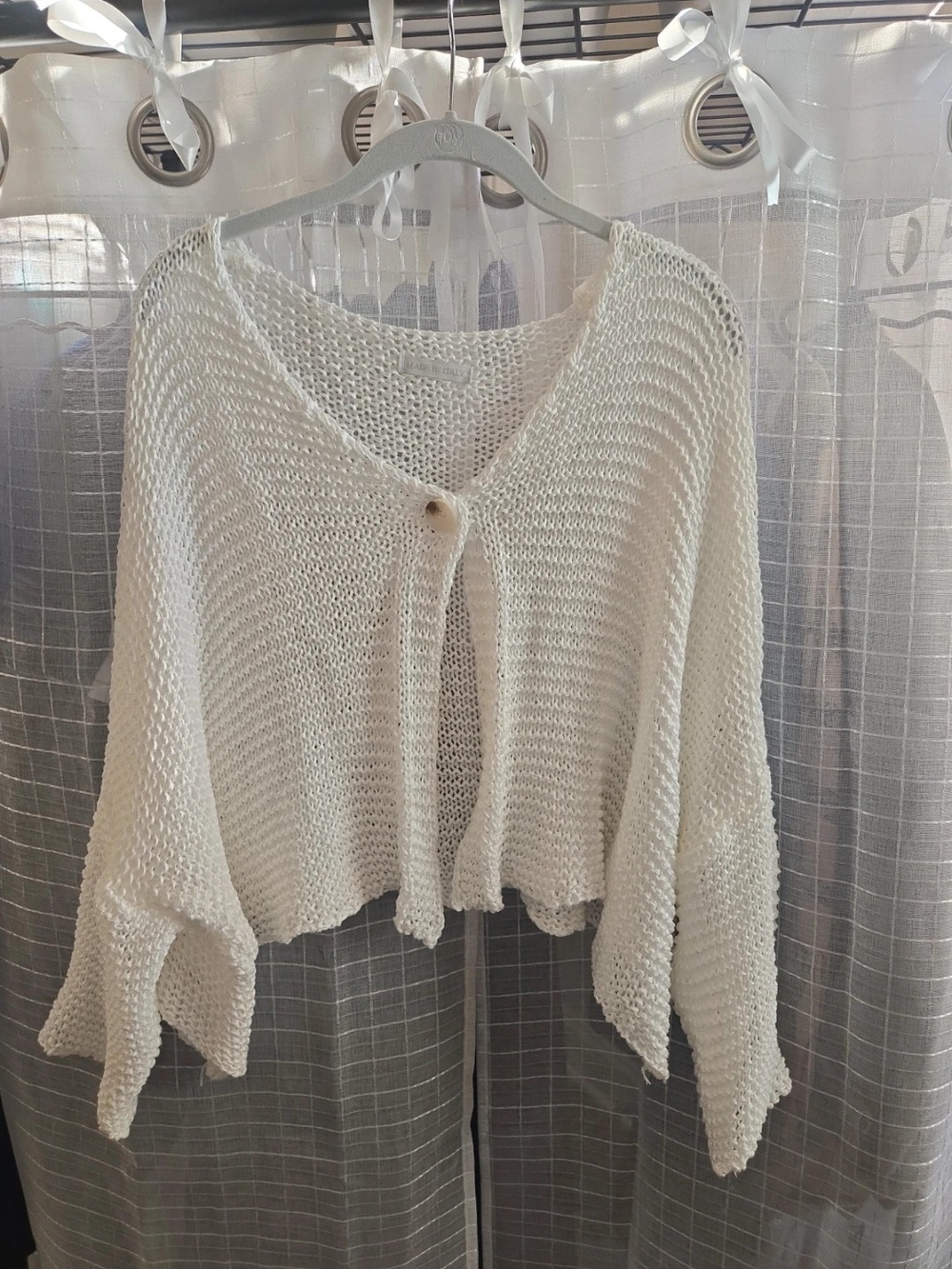 Open-Knit Cream Tie-Front Crewneck Sweater